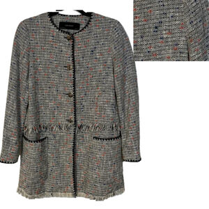 Zara Tweed Coat Women’s Size XS White Blue Tweed Fringe Hem Jacket Pockets